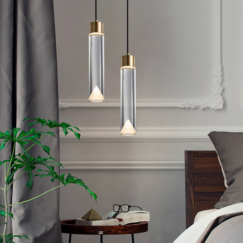 Modern Luxury Cylindrical Pendant Light Copper Indoor Hanging Lamp with Crystal Shade