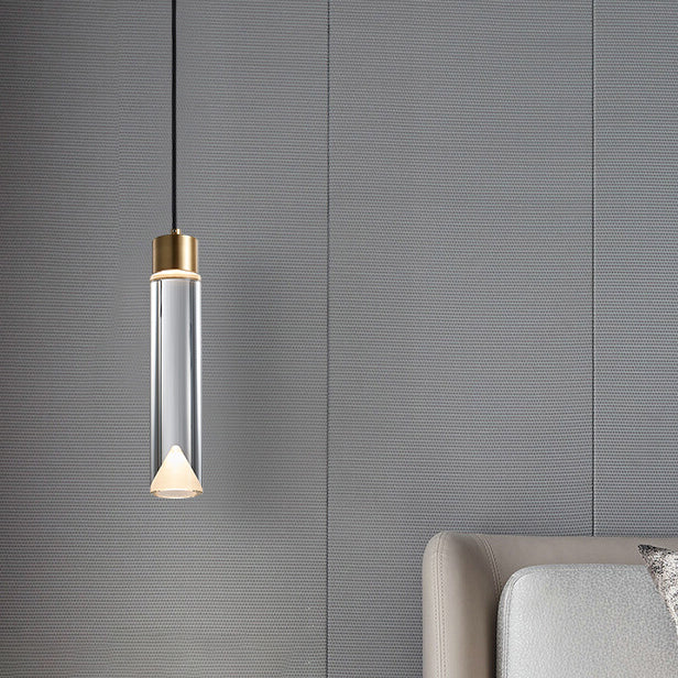 Modern Luxury Cylindrical Pendant Light Copper Indoor Hanging Lamp with Crystal Shade