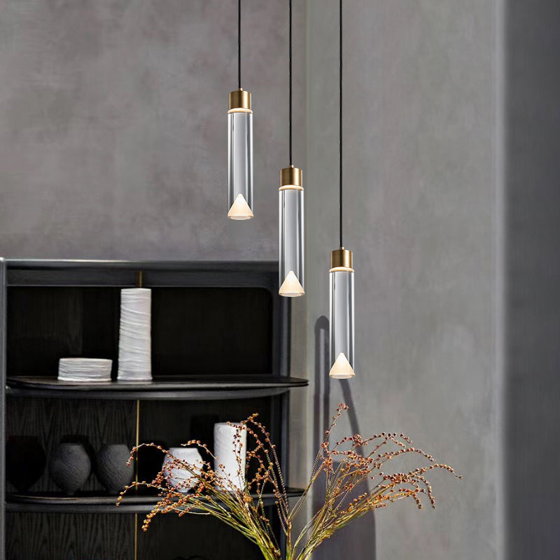 Modern Luxury Cylindrical Pendant Light Copper Indoor Hanging Lamp with Crystal Shade
