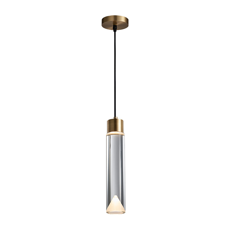 Modern Luxury Cylindrical Pendant Light Copper Indoor Hanging Lamp with Crystal Shade