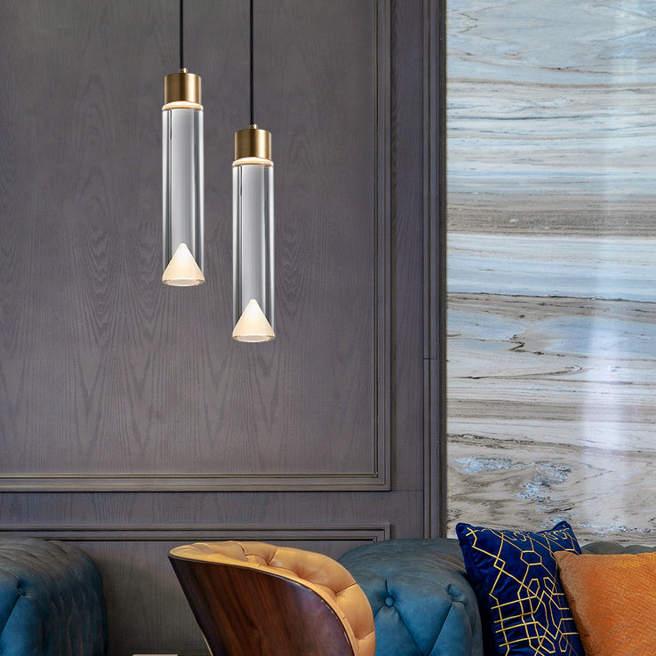 Modern Luxury Cylindrical Pendant Light Copper Indoor Hanging Lamp with Crystal Shade