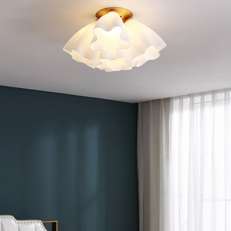Bedroom Flush Mount Light Modern Gold Ceiling Light Fixture with Floral Glass Shade