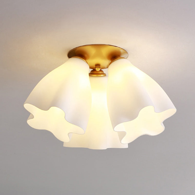 Bedroom Flush Mount Light Modern Gold Ceiling Light Fixture with Floral Glass Shade