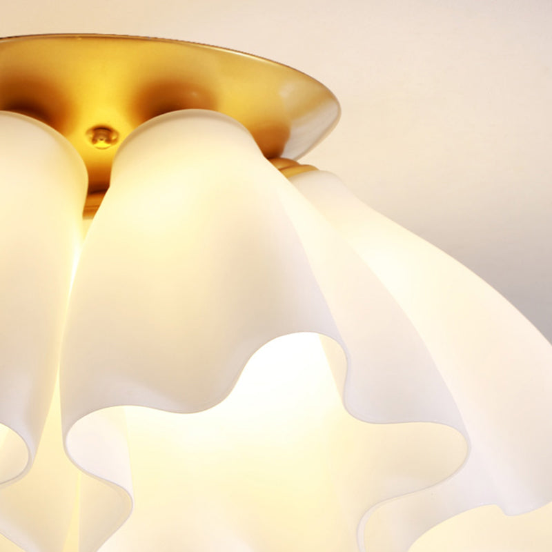 Bedroom Flush Mount Light Modern Gold Ceiling Light Fixture with Floral Glass Shade