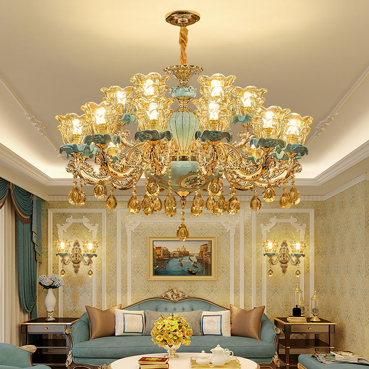 European Style Chandelier Metal Flower Shape Hanging Light with Crystal for Bedroom