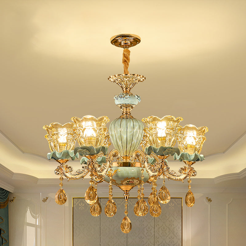 European Style Chandelier Metal Flower Shape Hanging Light with Crystal for Bedroom