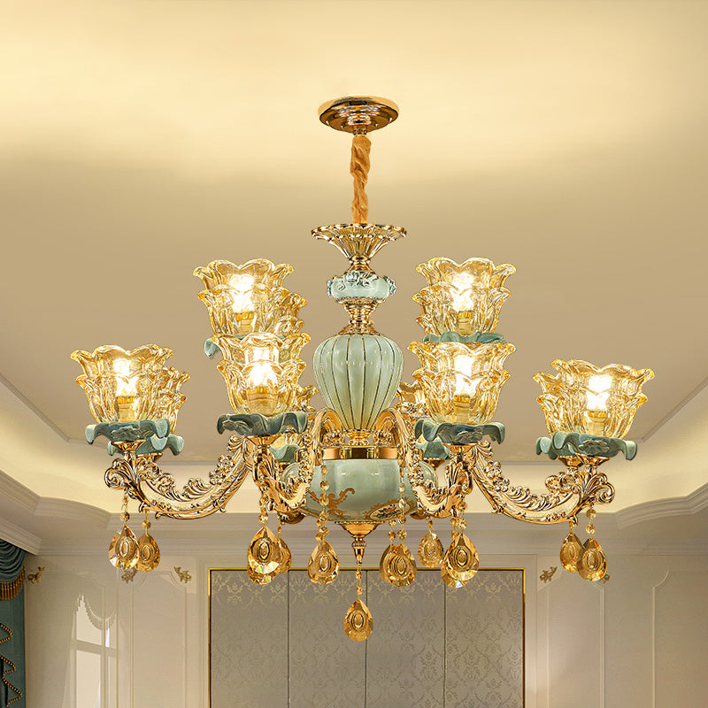 European Style Chandelier Metal Flower Shape Hanging Light with Crystal for Bedroom