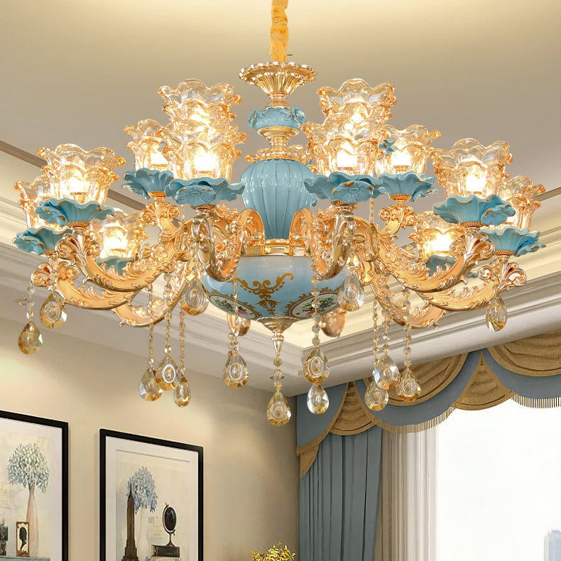 European Style Chandelier Metal Flower Shape Hanging Light with Crystal for Bedroom