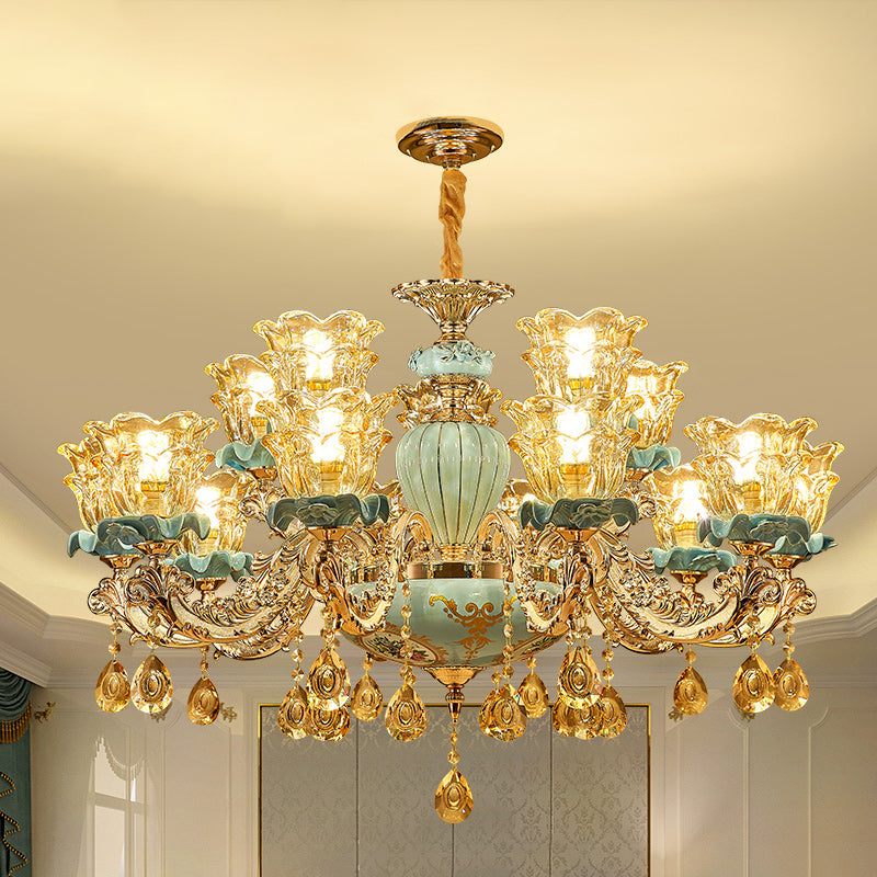 European Style Chandelier Metal Flower Shape Hanging Light with Crystal for Bedroom