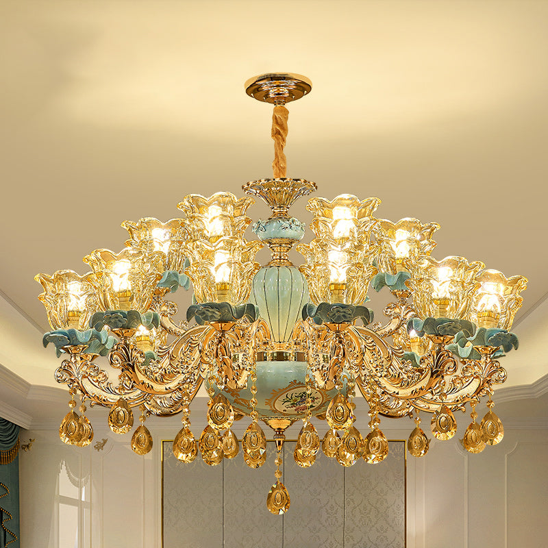 European Style Chandelier Metal Flower Shape Hanging Light with Crystal for Bedroom