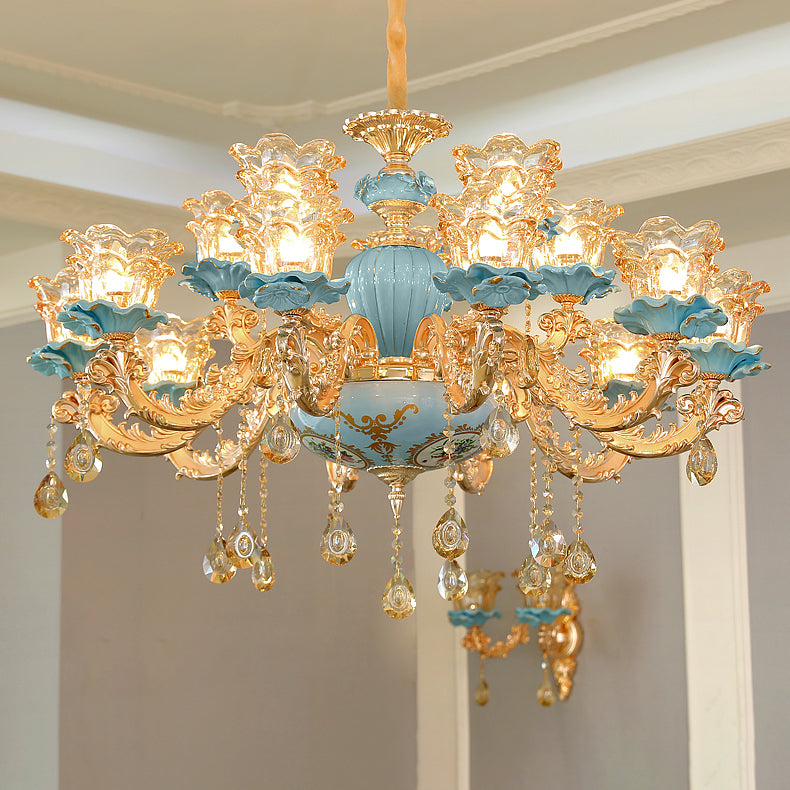 European Style Chandelier Metal Flower Shape Hanging Light with Crystal for Bedroom