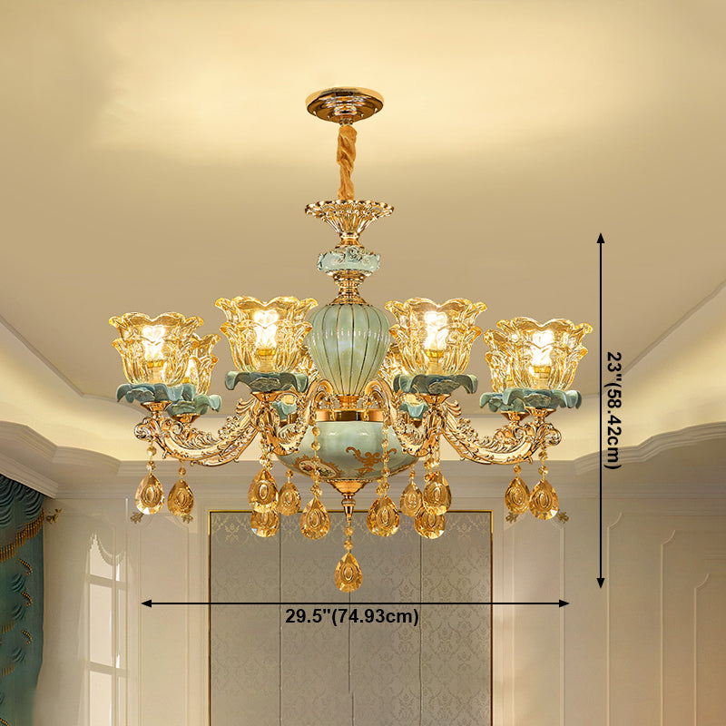 European Style Chandelier Metal Flower Shape Hanging Light with Crystal for Bedroom