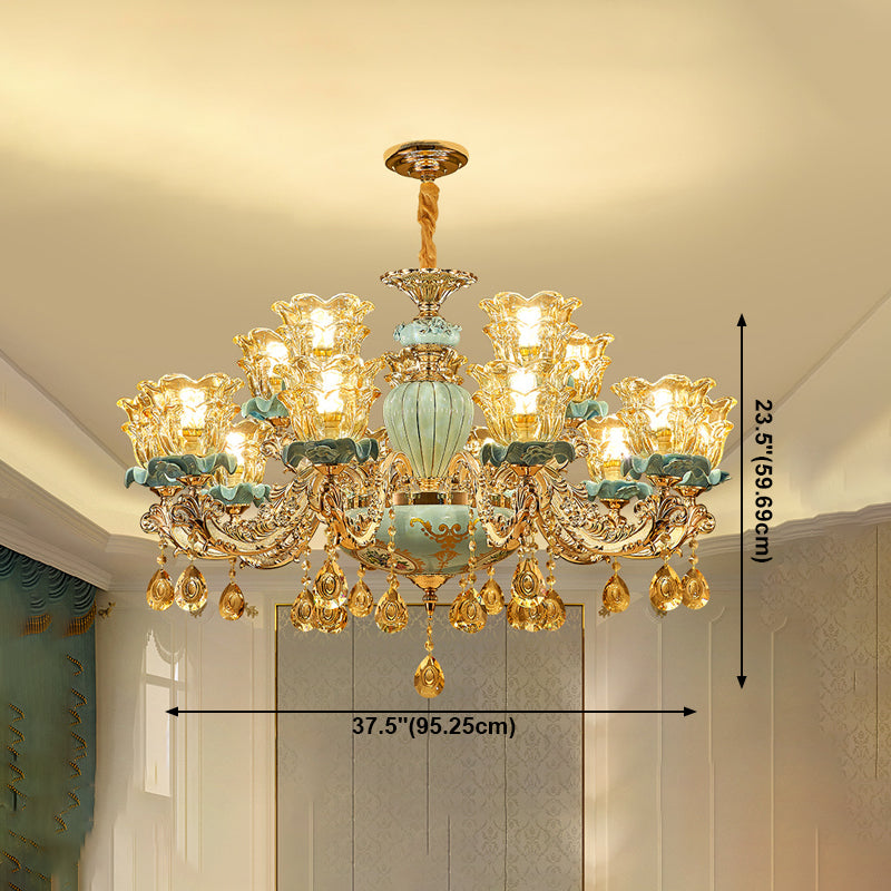 European Style Chandelier Metal Flower Shape Hanging Light with Crystal for Bedroom