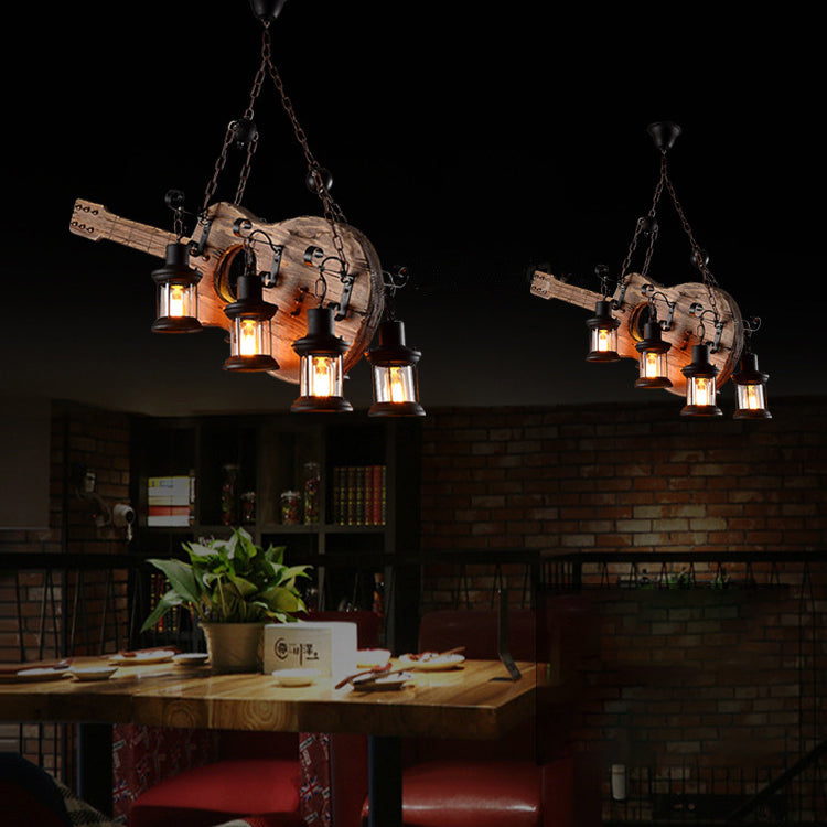 Guitar Chandelier Lighting Rustic Style Wooden Cafe Bar Pendant Light with Glass Kerosene Lantern