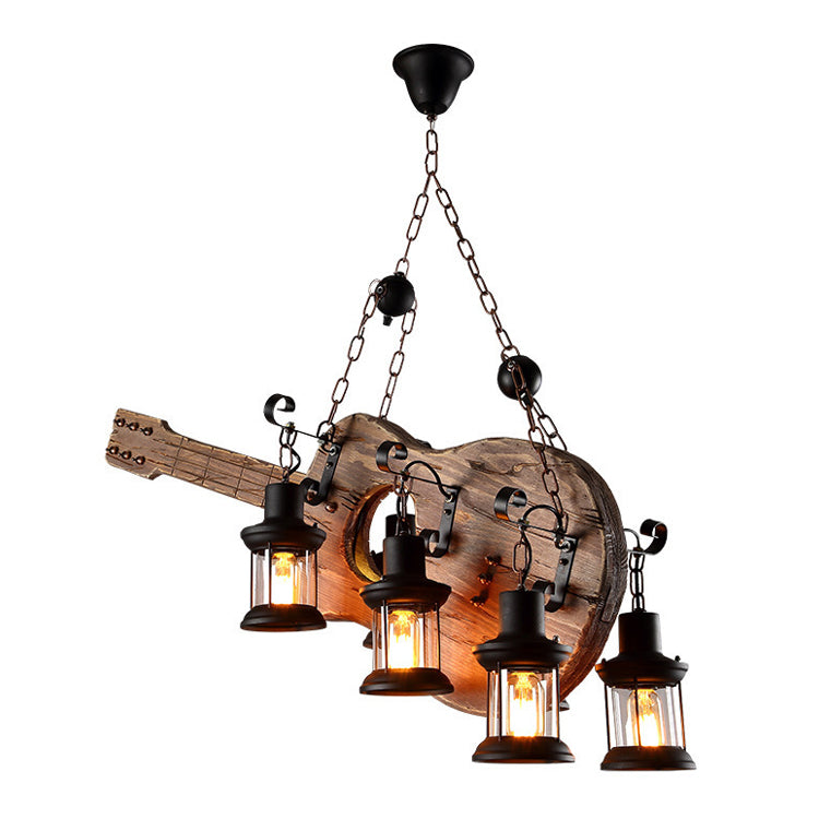 Guitar Chandelier Lighting Rustic Style Wooden Cafe Bar Pendant Light with Glass Kerosene Lantern