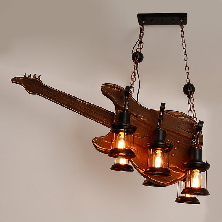 Guitar Chandelier Lighting Rustic Style Wooden Cafe Bar Pendant Light with Glass Kerosene Lantern