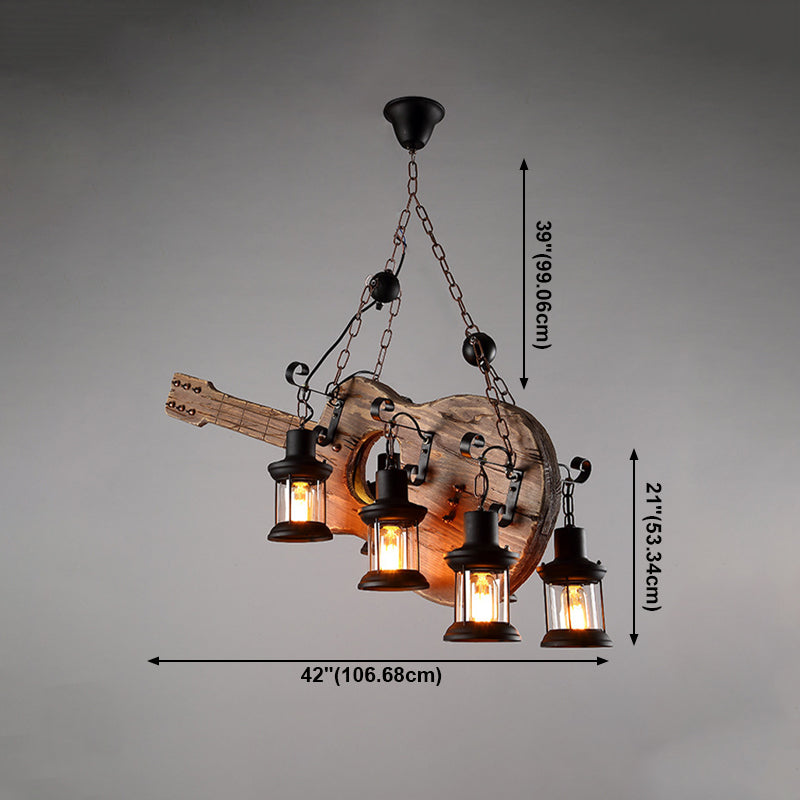 Guitar Chandelier Lighting Rustic Style Wooden Cafe Bar Pendant Light with Glass Kerosene Lantern