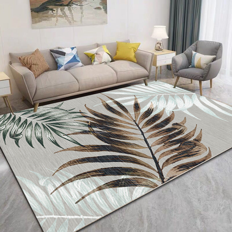 Gray Modern Rug Polyester Leaves Rug Non-Slip Backing Rug for Living Room