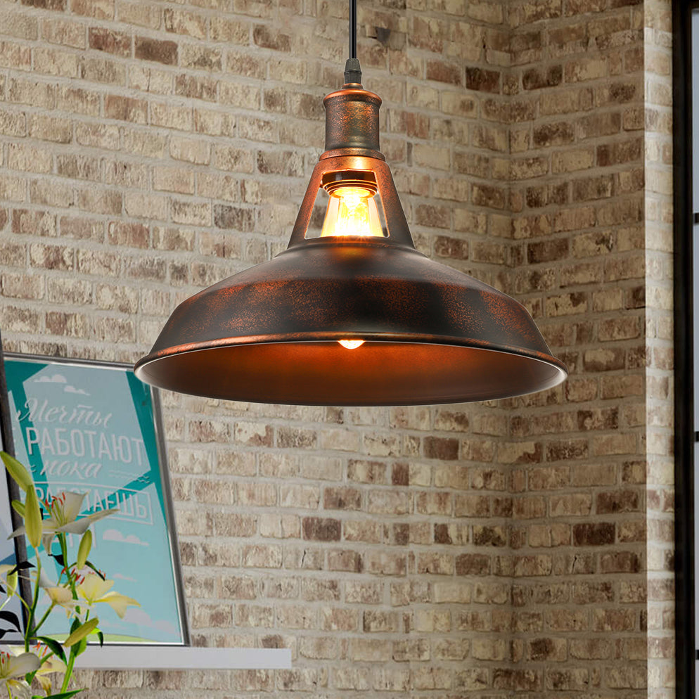 Metal Rust Pendant Light Fixture with Barn Shade 1 Bulb Rustic Style Hanging Lamp with Adjustable Cord, 10.5"/12"/15" Width