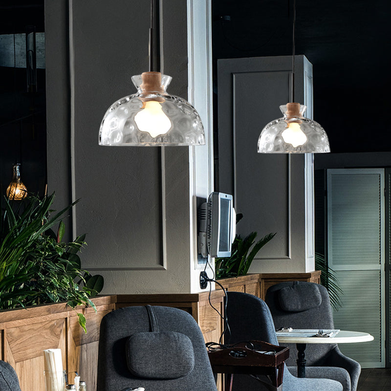 Ripple Glass Black Hanging Lamp in Modern Artistic Style Wooden Geometric Pendant Light