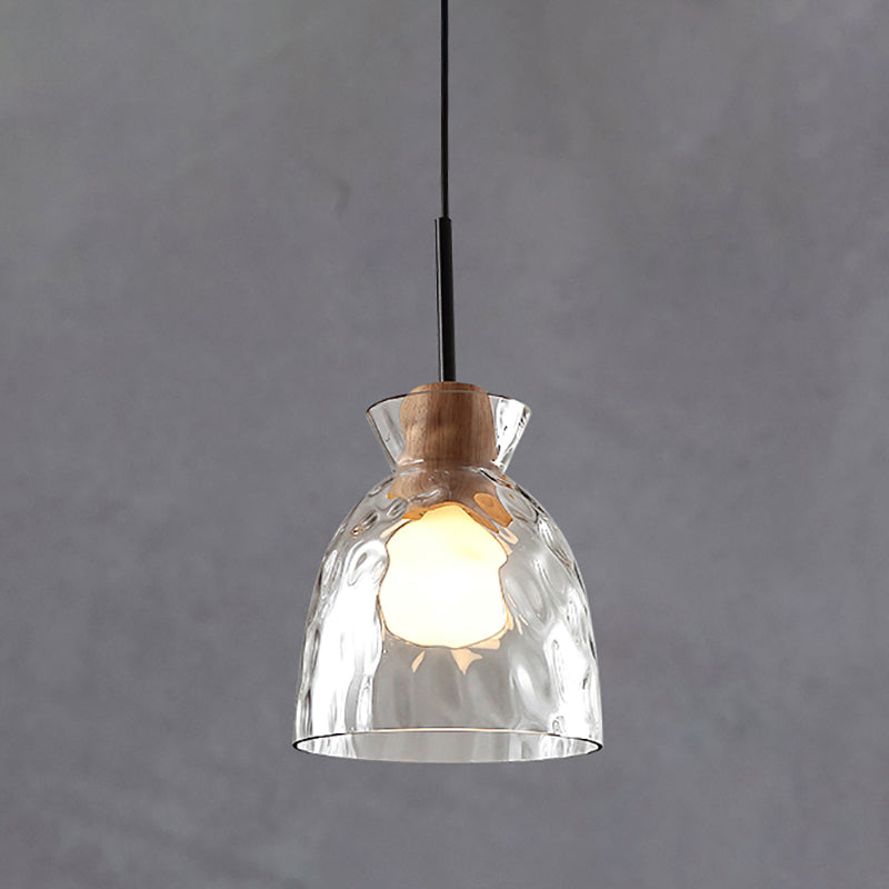 Ripple Glass Black Hanging Lamp in Modern Artistic Style Wooden Geometric Pendant Light