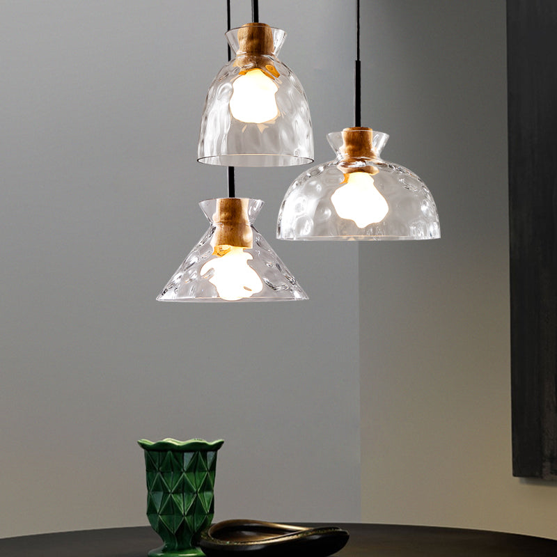 Ripple Glass Black Hanging Lamp in Modern Artistic Style Wooden Geometric Pendant Light