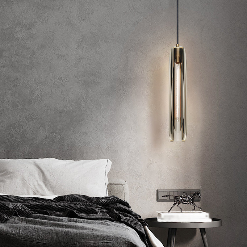 Modern Luxury Single Hanging Lamp Copper Cylindrical Pendant Light with Crystal Shade