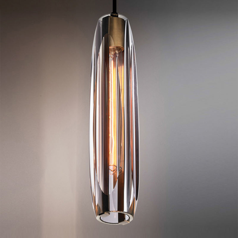 Modern Luxury Single Hanging Lamp Copper Cylindrical Pendant Light with Crystal Shade
