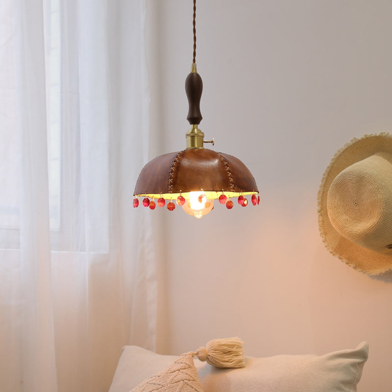 Leather Bowl Shape Hanging Lights Modern Style 1 Head Hanging Mount Fixture with Crystal