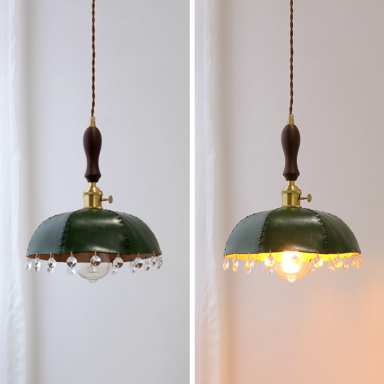 Leather Bowl Shape Hanging Lights Modern Style 1 Head Hanging Mount Fixture with Crystal