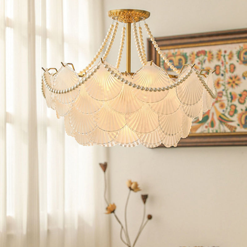 Modern Shell Shape Chandelier Glass Multi Light Hanging Light in White for Bedroom