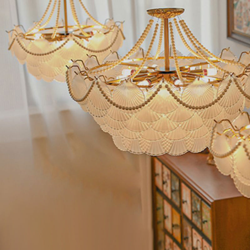 Modern Shell Shape Chandelier Glass Multi Light Hanging Light in White for Bedroom