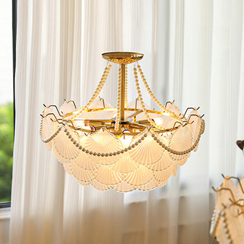 Modern Shell Shape Chandelier Glass Multi Light Hanging Light in White for Bedroom