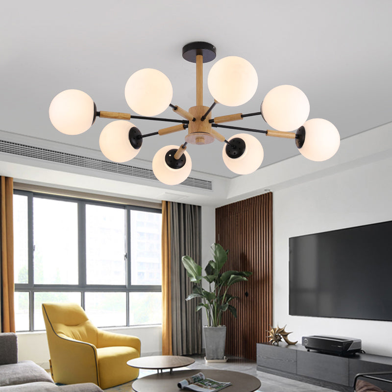 Modern Wood Chandelier Light Fixtures Globe Multi-Head Suspension Lamps for Living Room