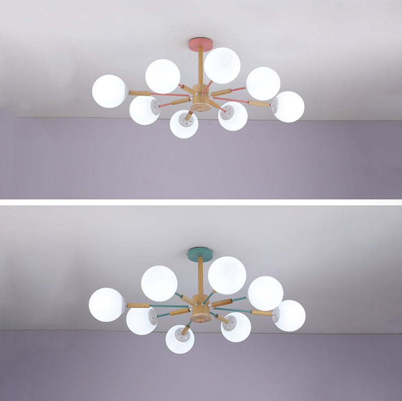 Modern Wood Chandelier Light Fixtures Globe Multi-Head Suspension Lamps for Living Room
