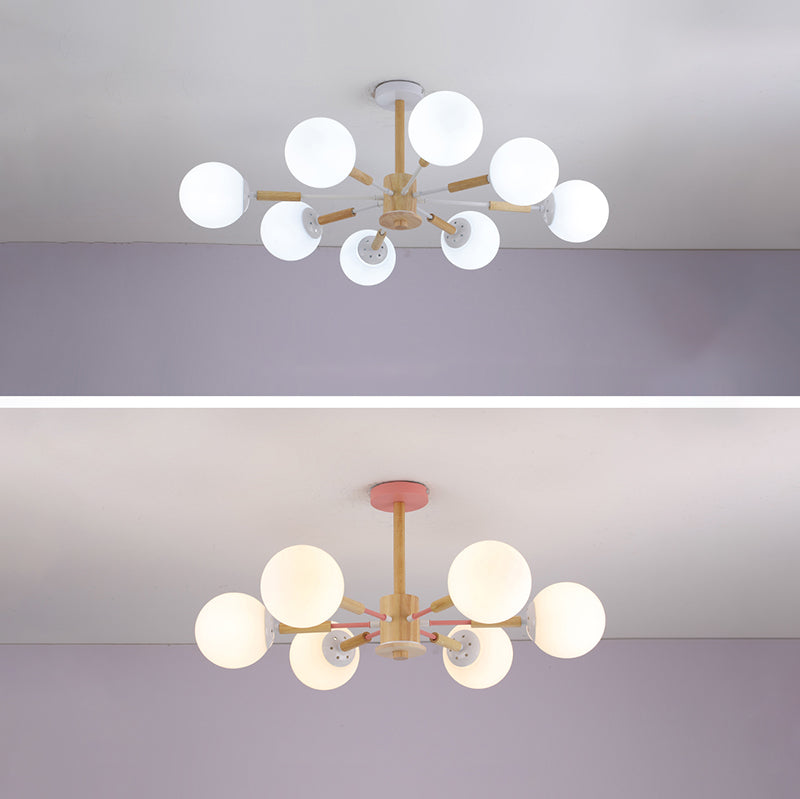 Modern Wood Chandelier Light Fixtures Globe Multi-Head Suspension Lamps for Living Room