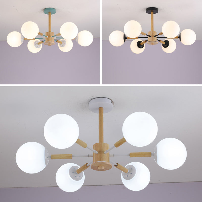 Modern Wood Chandelier Light Fixtures Globe Multi-Head Suspension Lamps for Living Room