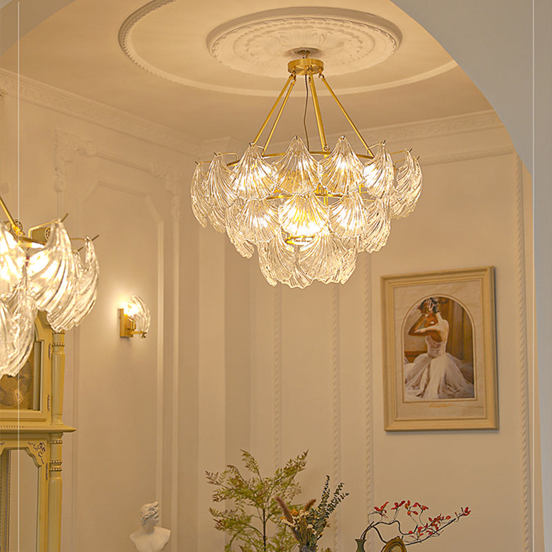 American Shell Chandelier Glass Multi Light Hanging Light in Gold for Bedroom