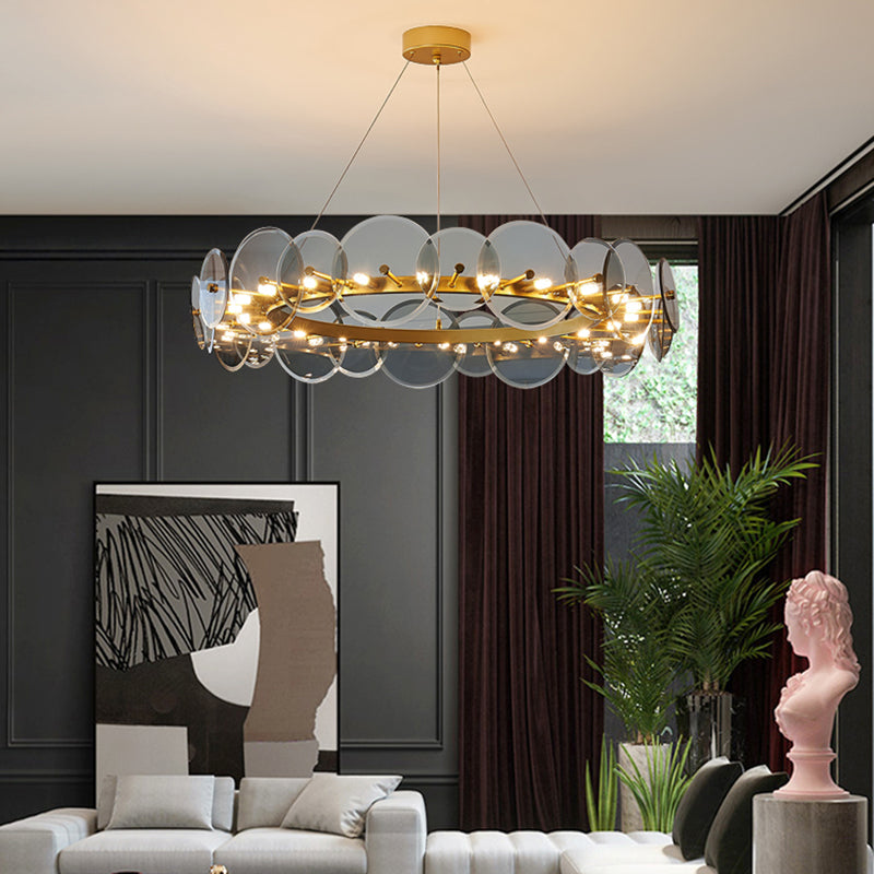 Gold Circle Chandelier Modern Multi Light Hanging Light with Glass for Bedroom