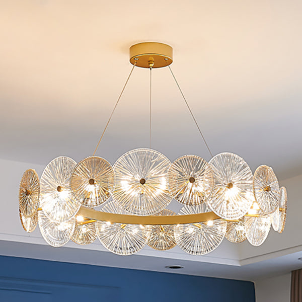 Gold Circle Chandelier Modern Multi Light Hanging Light with Glass for Bedroom