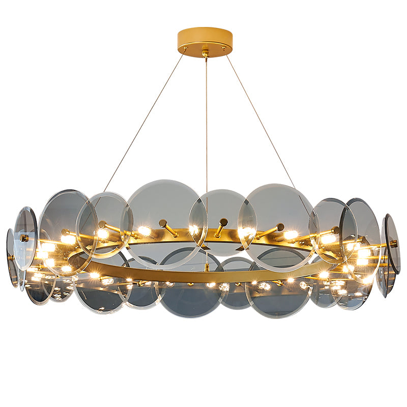 Gold Circle Chandelier Modern Multi Light Hanging Light with Glass for Bedroom