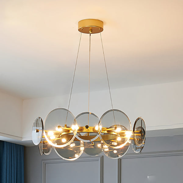 Gold Circle Chandelier Modern Multi Light Hanging Light with Glass for Bedroom