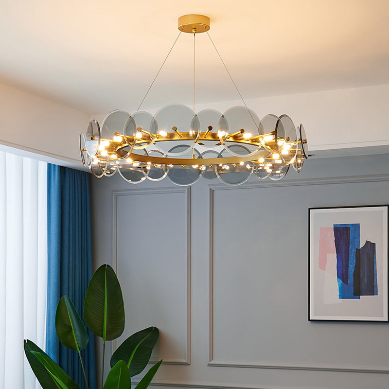 Gold Circle Chandelier Modern Multi Light Hanging Light with Glass for Bedroom