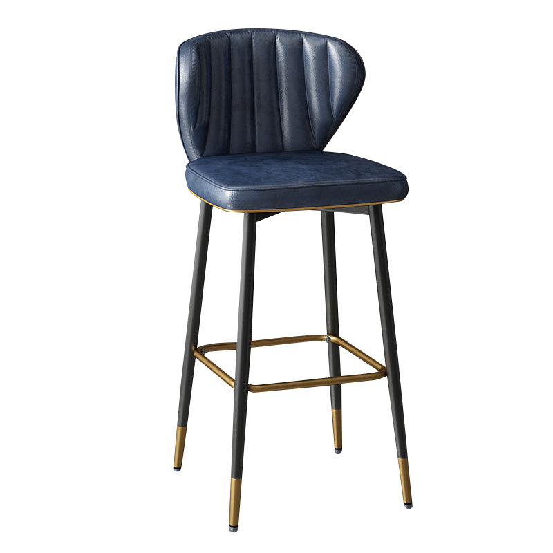 Taburete de bar de cuero contemporáneo, taburete con respaldo bajo para interiores con patas de acero