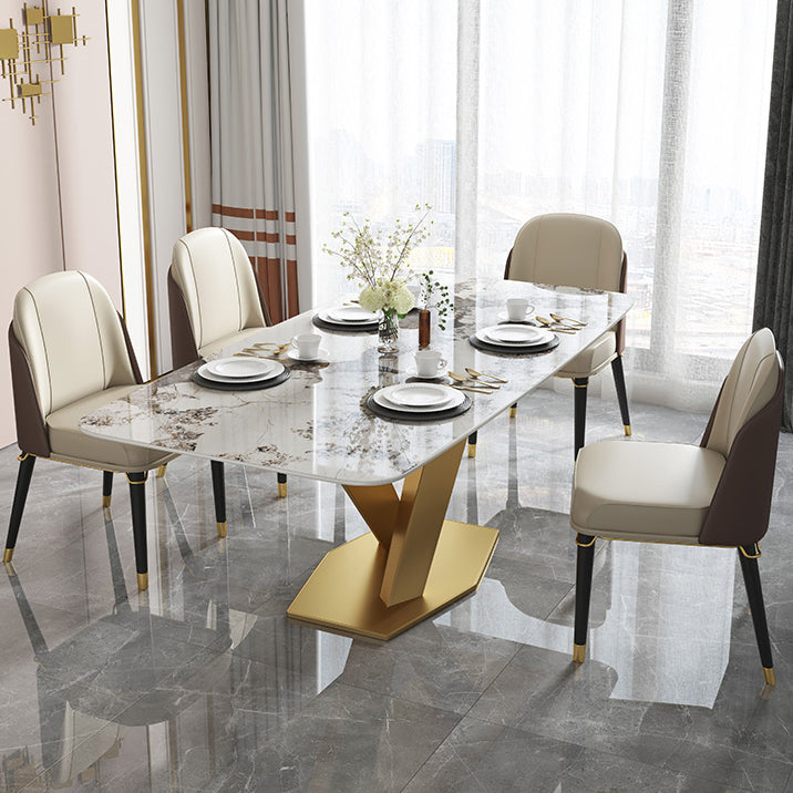 Mesa de lujo tradicional de metal, mesa interior rectangular de piedra sinterizada con pedestal