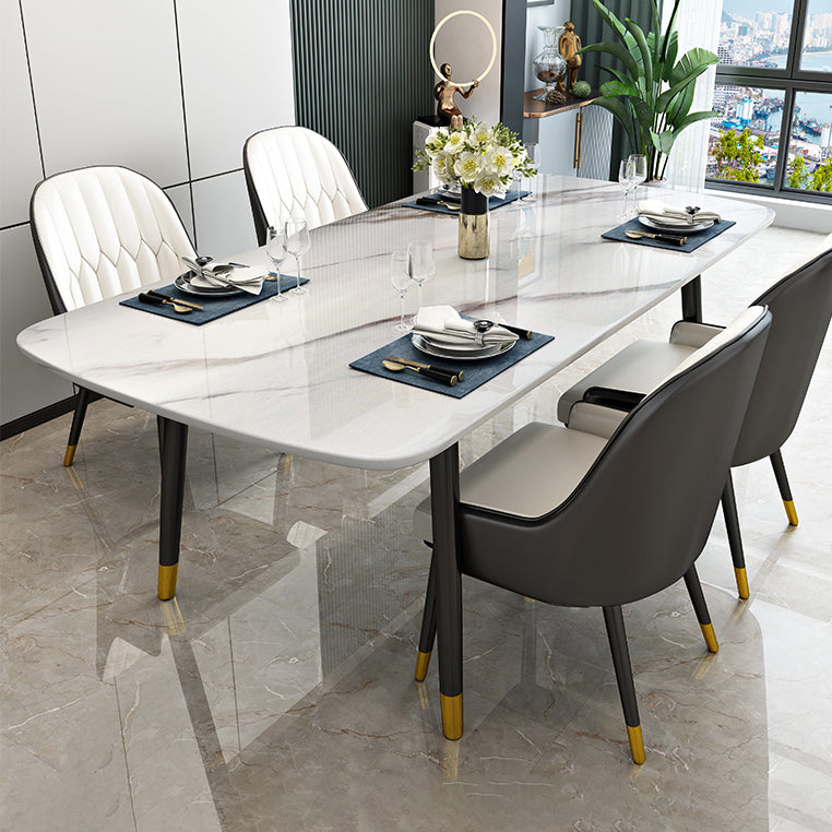 Mesa de comedor de piedra sinterizada Estilo de lujo 4 patas Mesa de rectángulo de base de acero al carbono para el hogar