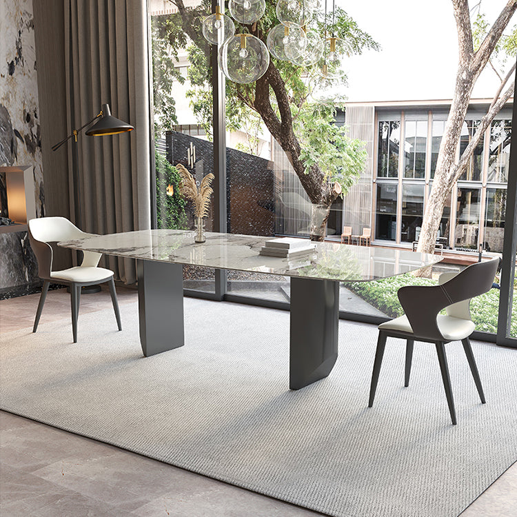 Mesa de comedor contemporánea rectángulo mesa de piedra sinterizada blanca con base de metal negro