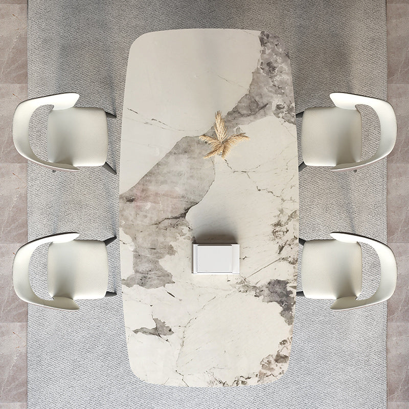 Mesa de comedor contemporánea rectángulo mesa de piedra sinterizada blanca con base de metal negro