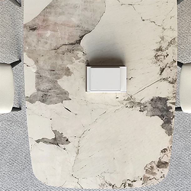 Mesa de comedor contemporánea rectángulo mesa de piedra sinterizada blanca con base de metal negro