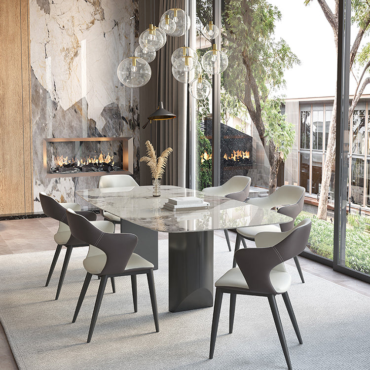 Mesa de comedor contemporánea rectángulo mesa de piedra sinterizada blanca con base de metal negro